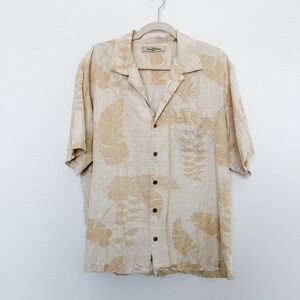 Tommy Bahama Mens Silk Shirt Size L Beige‎ Leaf Print Button Front Island Aloha